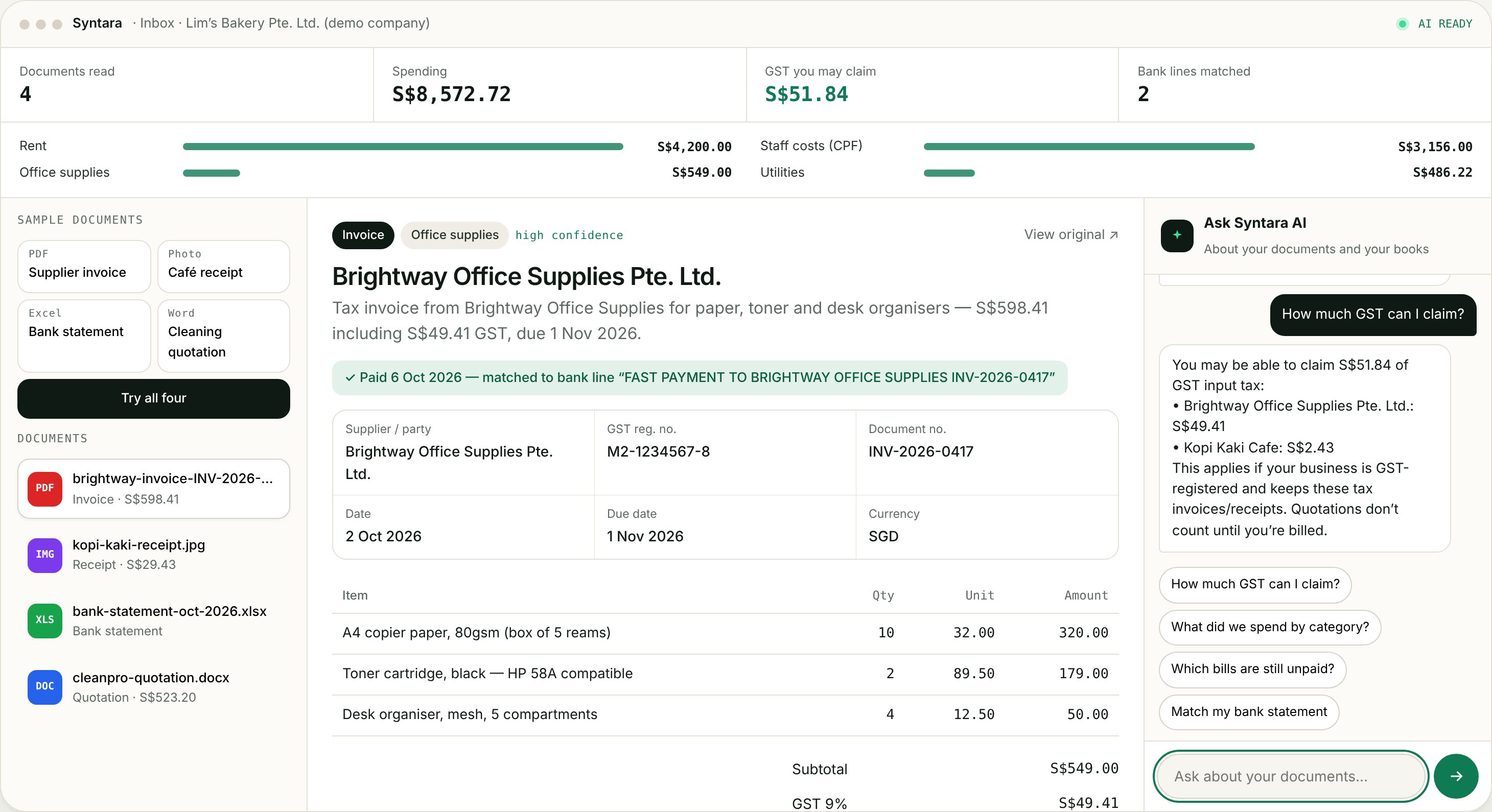 Syntara app showing an invoice read by AI, a books summary and the AI chat